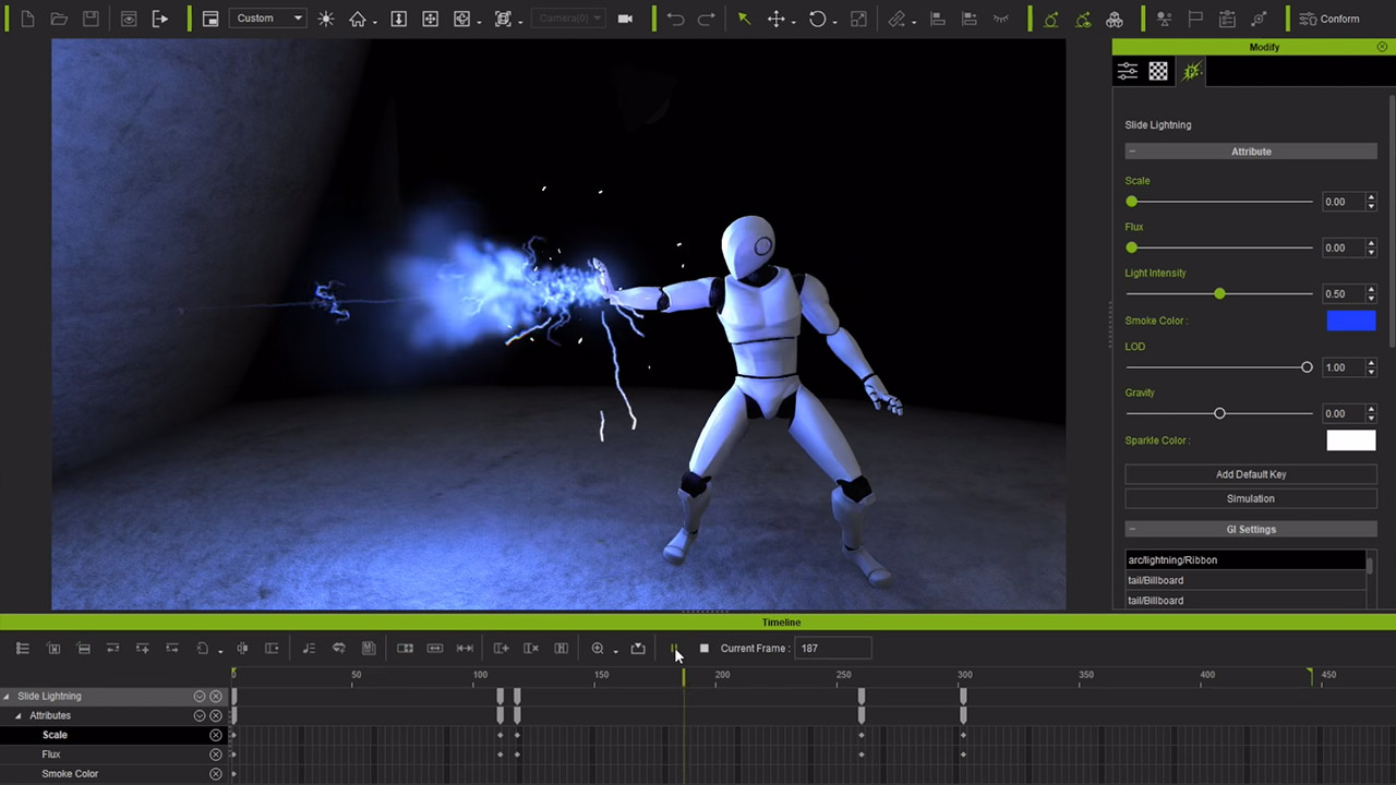 PopcornFX screenshot - Particle and Timeline Editing