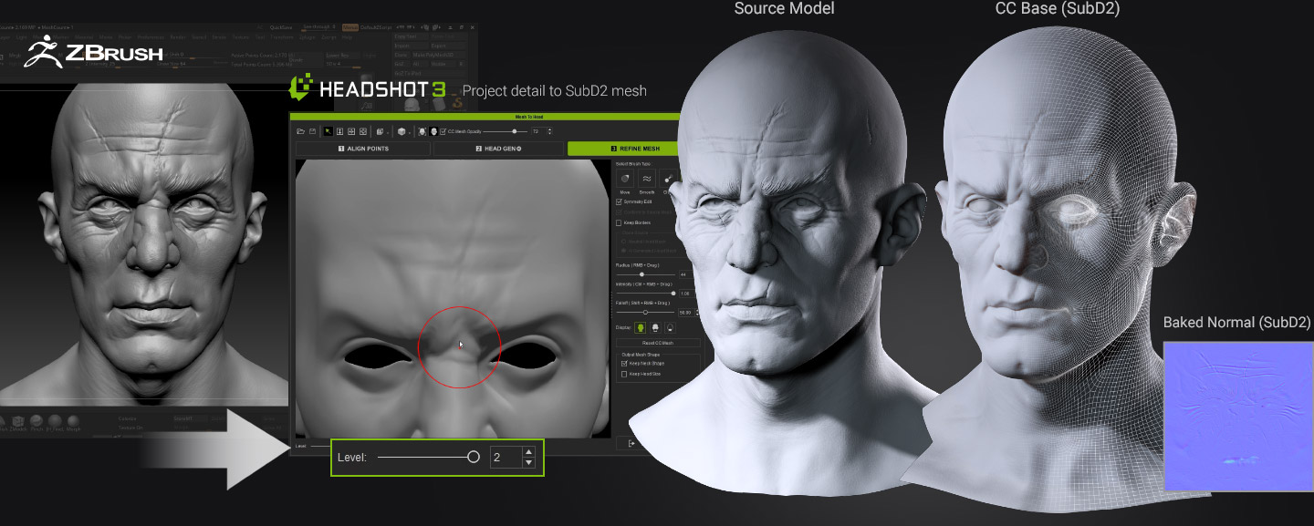 Mesh wrapped to SubD-2 subdivision level — maximum mesh detail preserved for film production and 3D printing