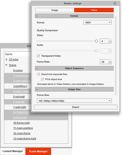 video maker - select object in scene manager for export