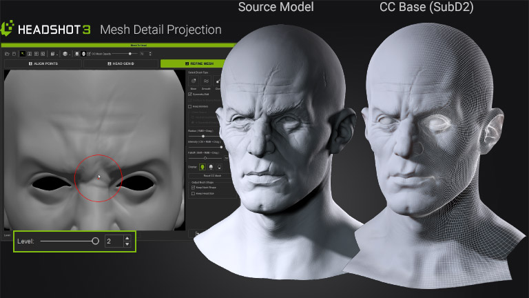 Mesh wrapped to SubD-2 subdivision level — maximum mesh detail preserved for film production and 3D printing